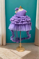 Purple Sleeveless And Floral Embellished Tailback Frock For Girls