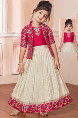 Rani Pink Sleeveless Choli And Lehenga Set With Zari Embroidery Stone Work Over Coat For Girls