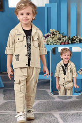 Beige And Black 3-Piece Utility Style Set with Cargo Pants For Boys