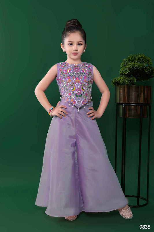 Lavender Sequins Work With Thread Embroidery Palazzo Set For Girls