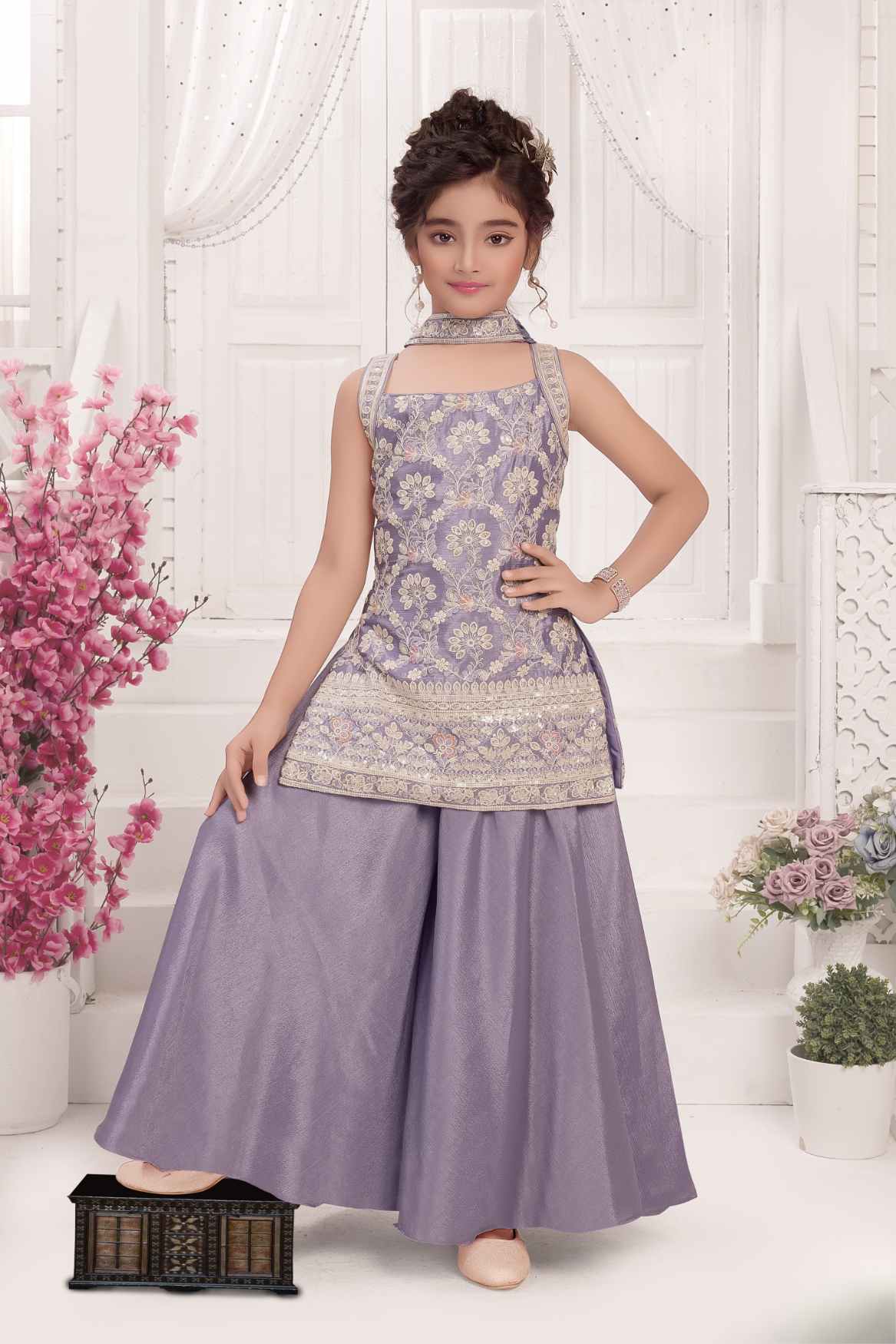 Lavender Sequins Embroidered Palazzo Set With Dupatta For Girls
