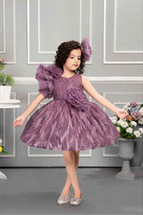 Wine Shimmer Designer Party Frock With Floral Embellishments For Girls