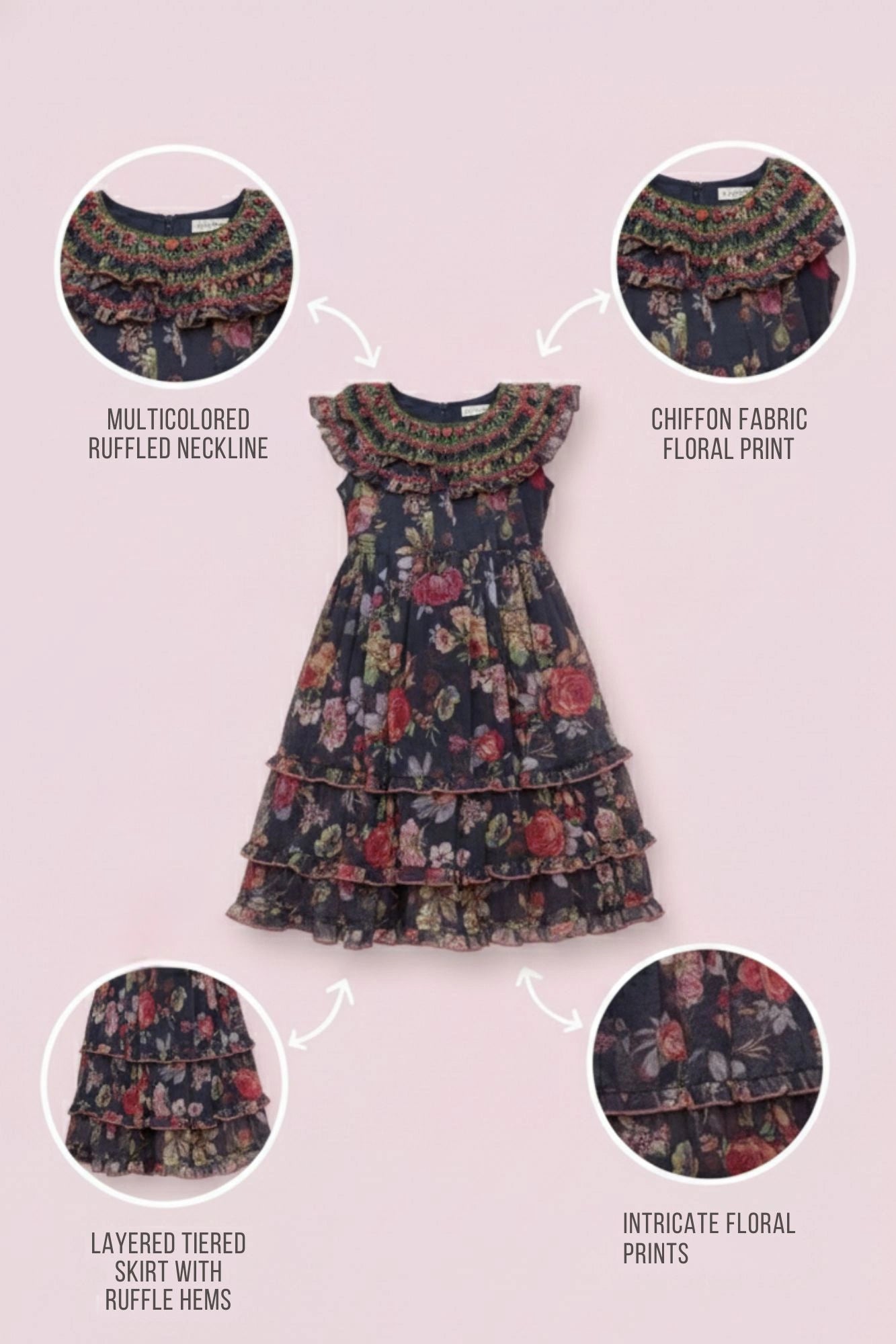 Black Floral Tiered Frock with Smocked Collar Dress For Girls