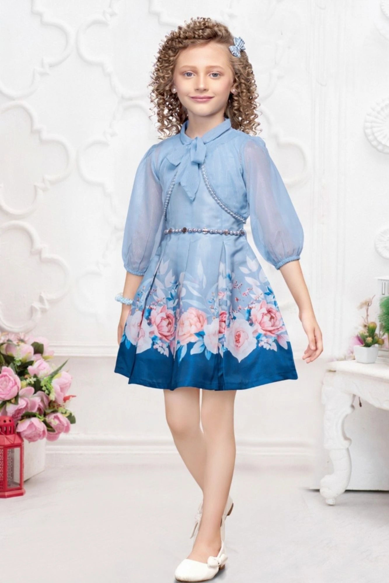 Blue Floral Fit & Flare Party Dress with Jacket For Girls