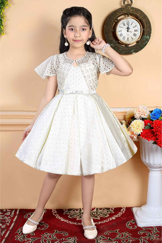 Cream Printed Party Wear Frock With Crochet Overcoat For Girls