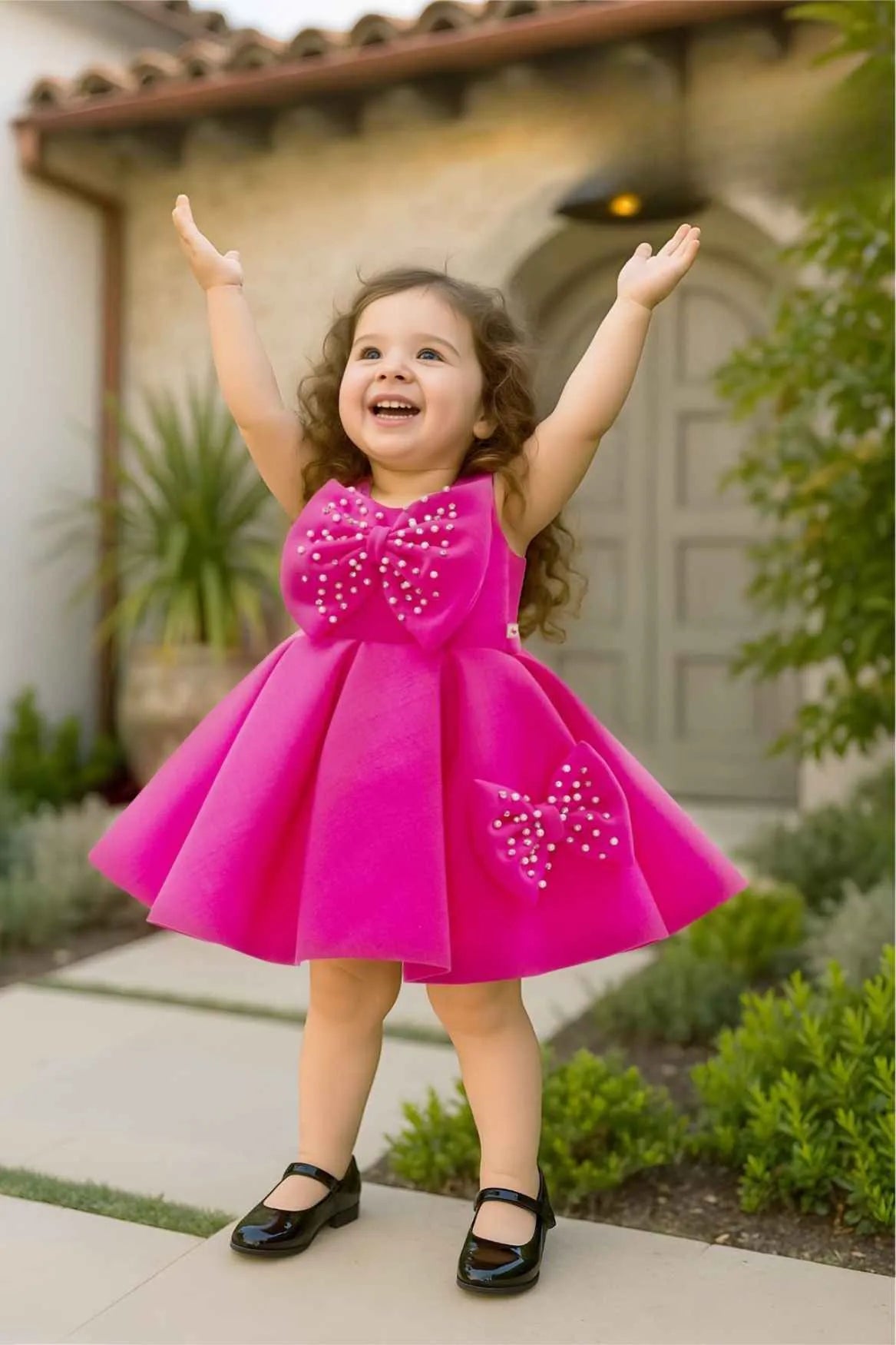 Rani Pink Party Frock With Pearl-Studded Bows For Girls