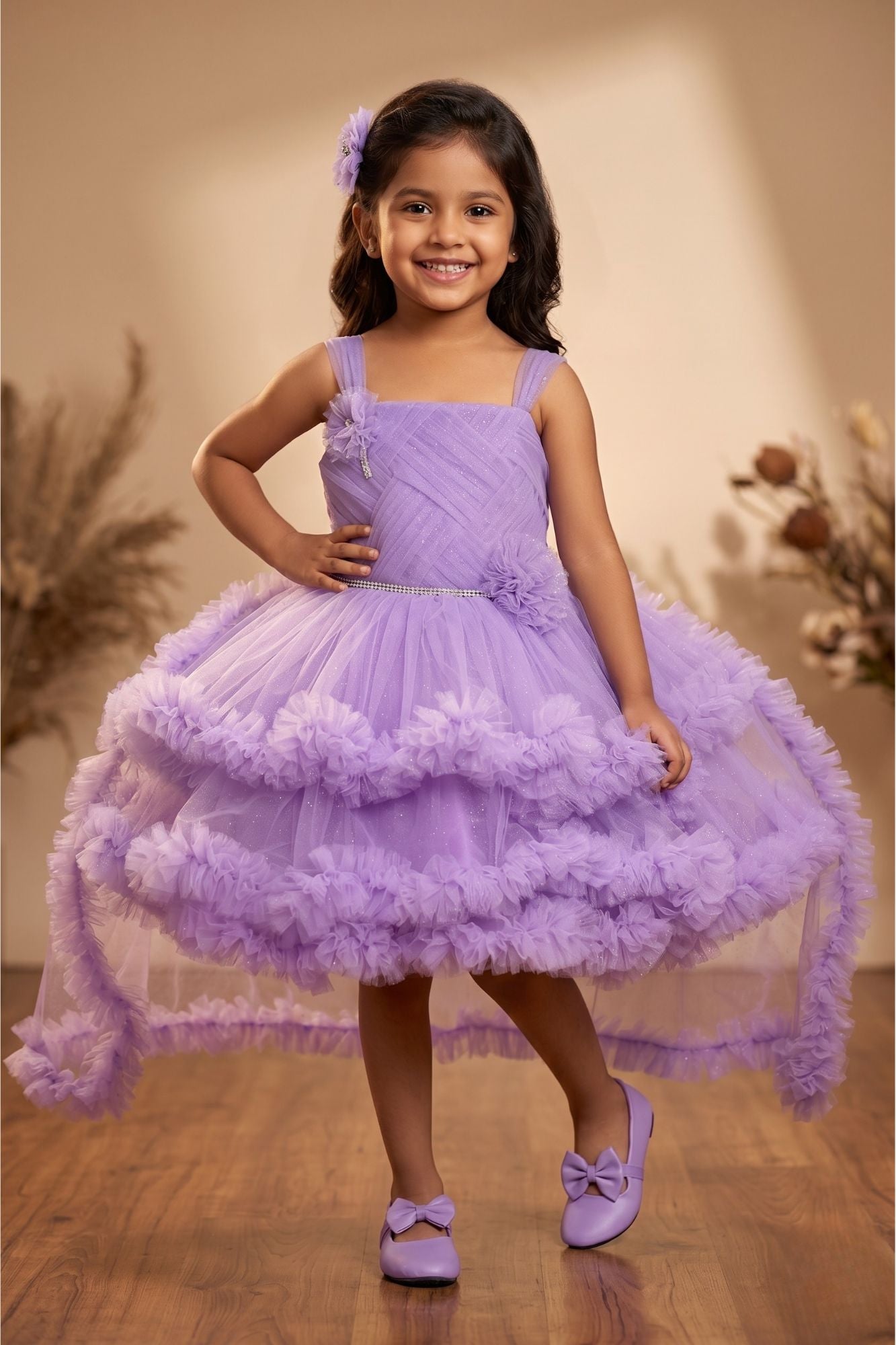 Purple Sleeveless Stone Work And Floral Embellished Tail Back Frock For Girls