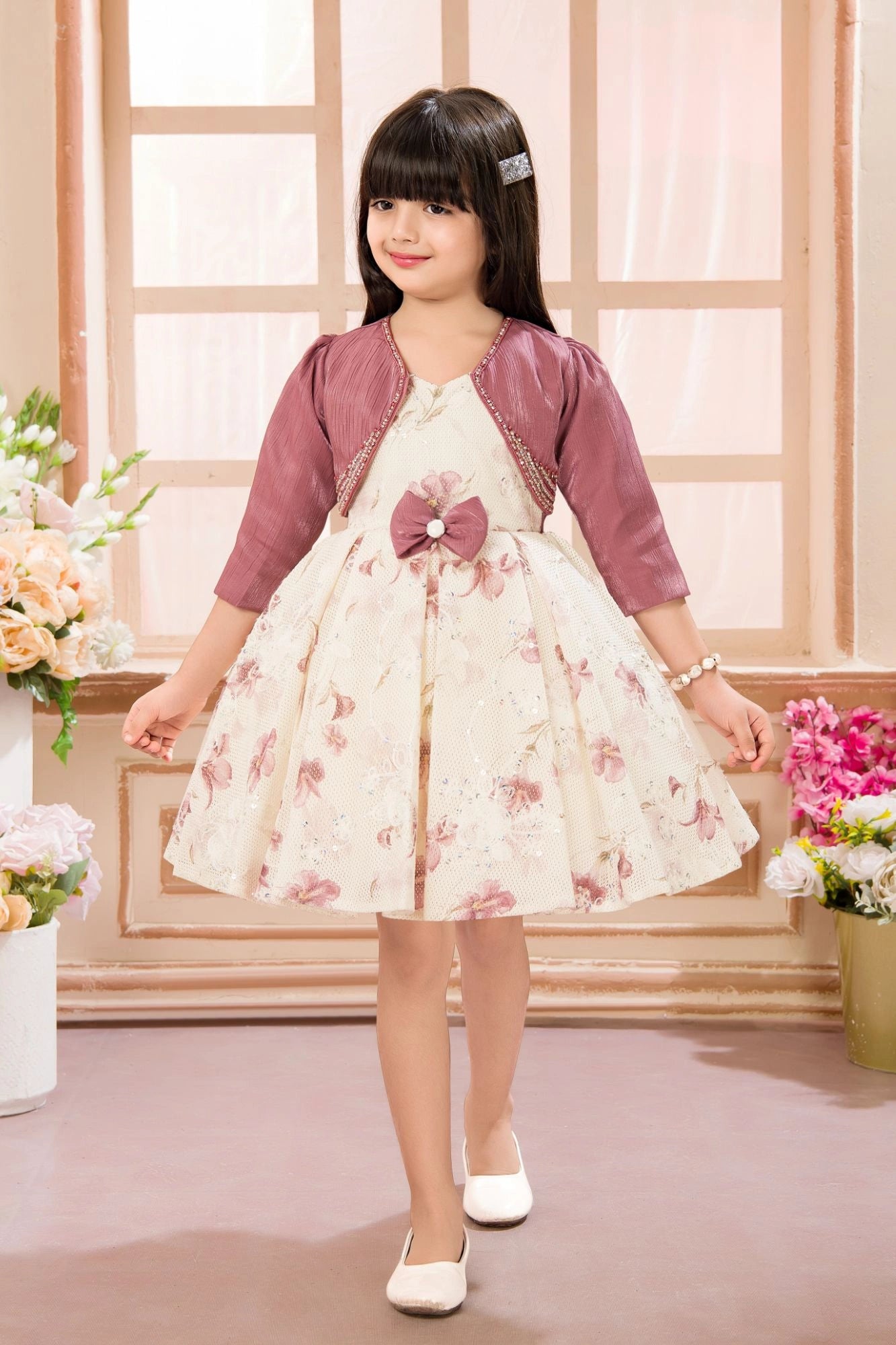 Elegant Cream Floral Printed Embellished Frock with Onion Pink Jacket For Girls