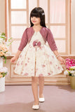 Elegant Cream Floral Printed Embellished Frock with Onion Pink Jacket For Girls