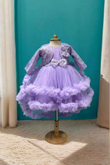 Purple Sleeveless And Bow Embellished Tailback Frock With Sequin Worked Overcoat For Girls