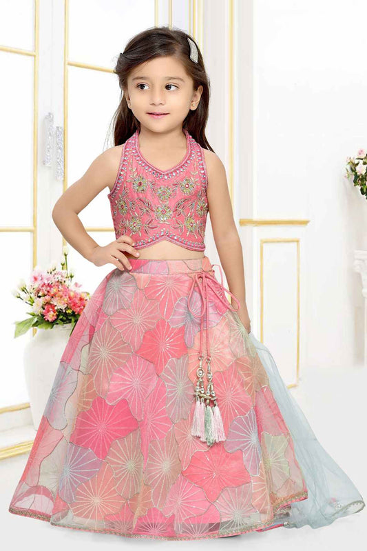 Pink Mirror Work And Sequin Embroidery Lehenga Choli Set For Girls