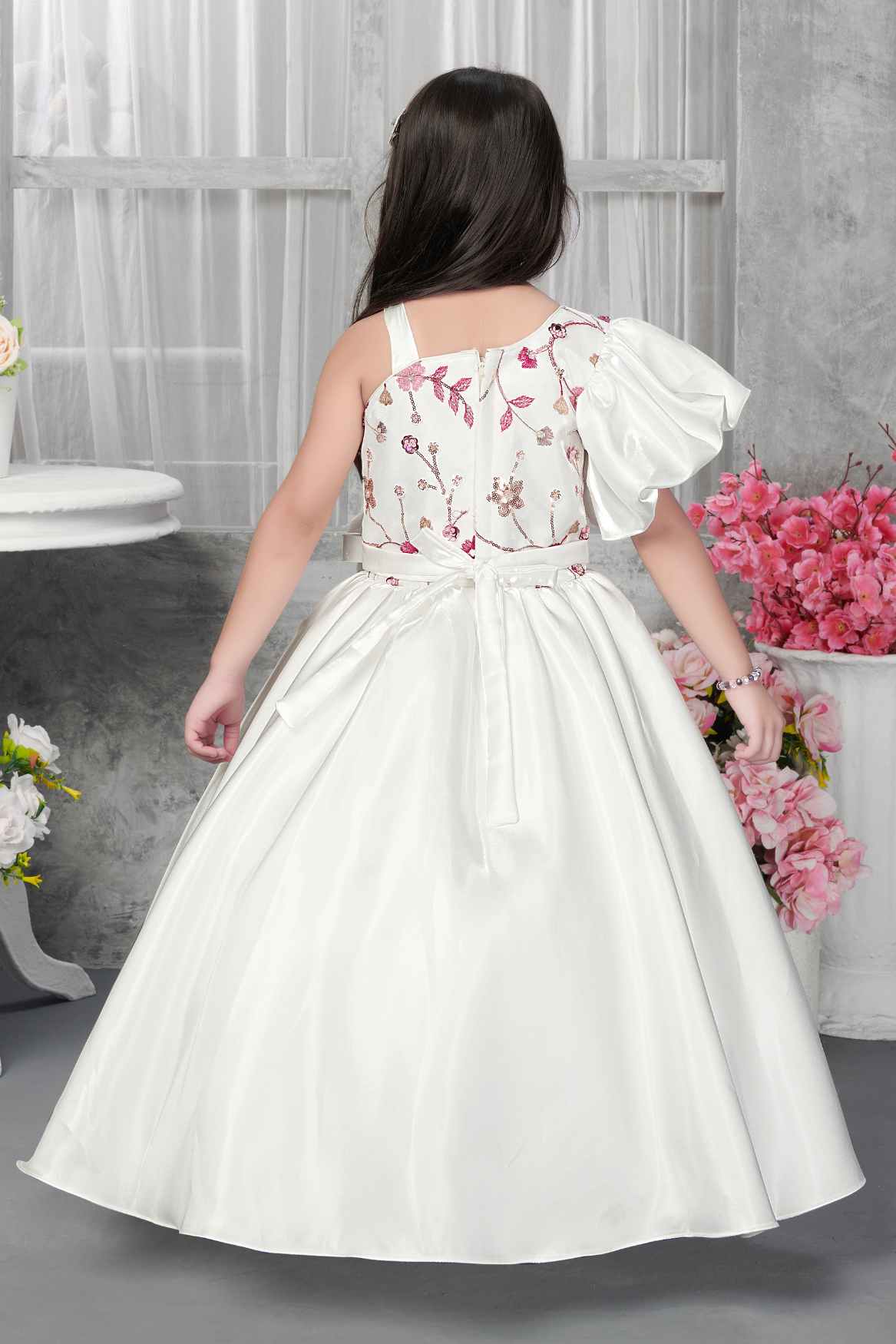 Elegant Cream Party Gown With Puffy Sleeves And Sequins Work For Girls