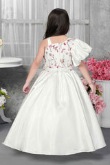 Elegant Cream Party Gown With Puffy Sleeves And Sequins Work For Girls
