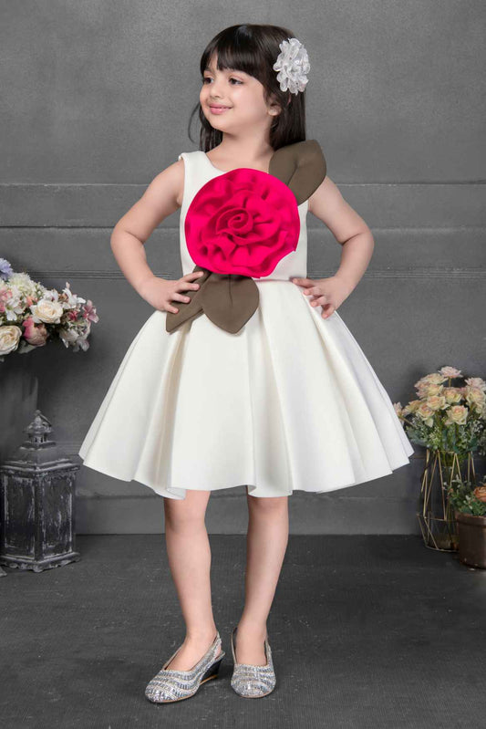 Elegant White Frock With Floral Embellished For Girls