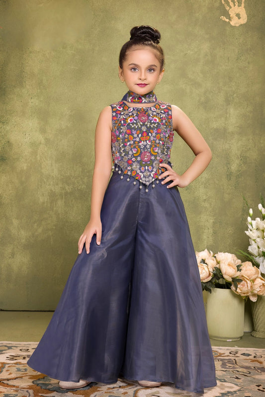 Dark Blue Sequins Work With Thread Embroidery For Palazzo Set For Girls