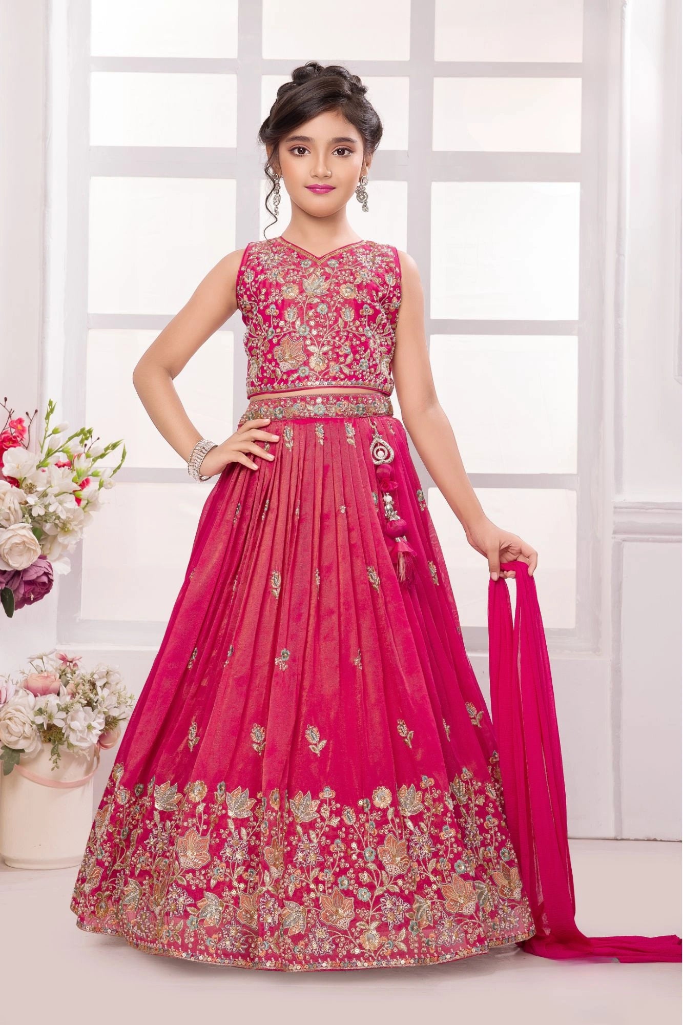 Royal Rani Pink Heavy Embroidered Lehenga Choli Set For Girls
