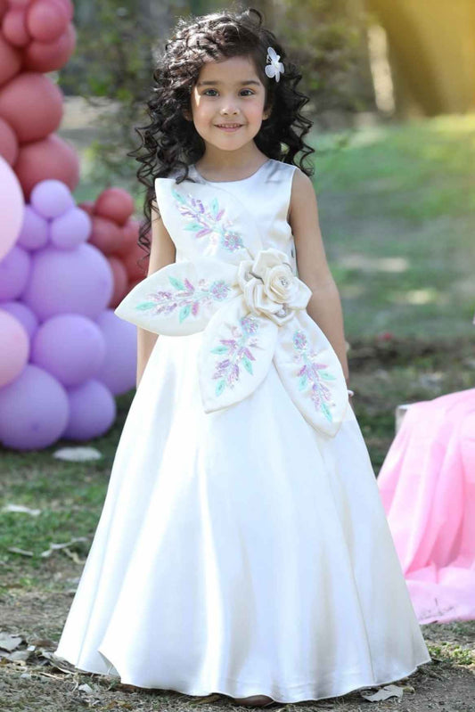 White Satin Gown with 3D Floral Embellished And Embroidery Gown For Girls