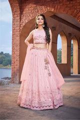 Pink Sequin And Embroidered Lehenga Choli Set For Girls