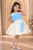 Stylish Blue And Cream Ruffled Frock For Girl