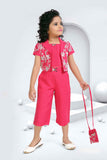 Rani Pink Top And 3/4th Shorts Set With Sequins Work Overcoat And Sling Bag For Girls
