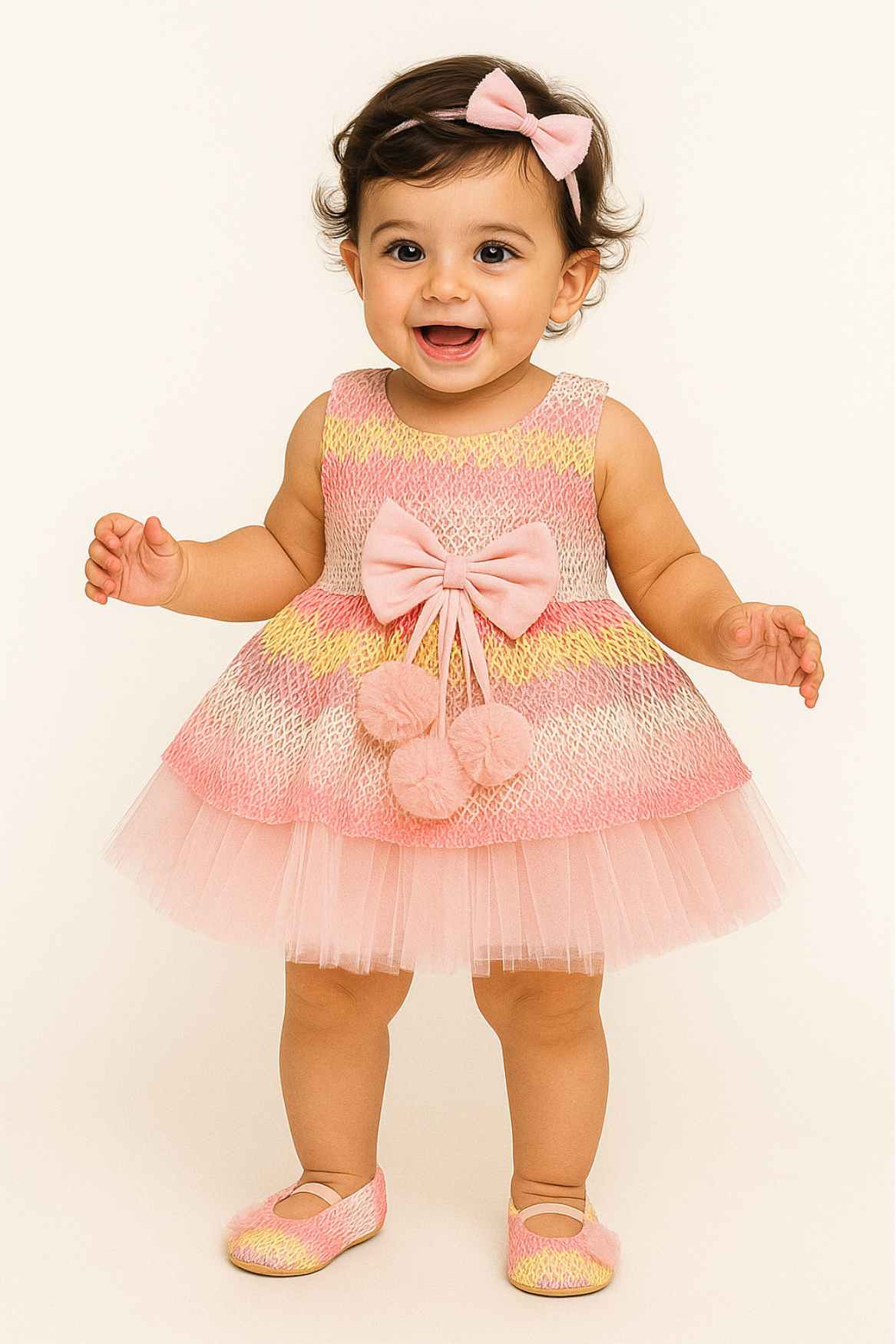 Pink Ombre Party Dress With Bow And Tulle Skirt For Girls