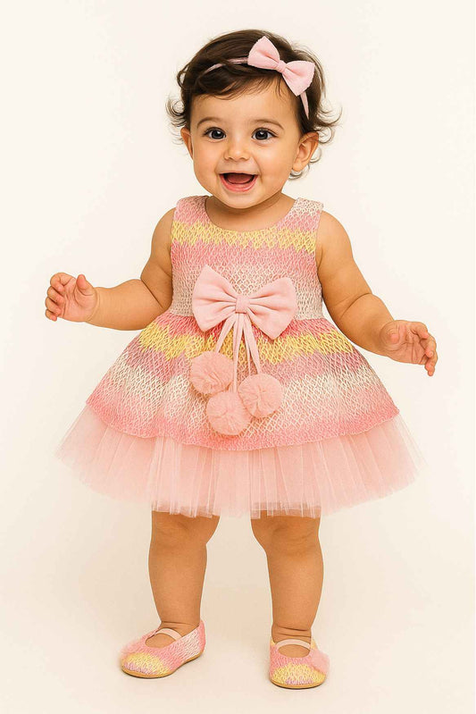 Pink Ombre Party Dress With Bow And Tulle Skirt For Girls