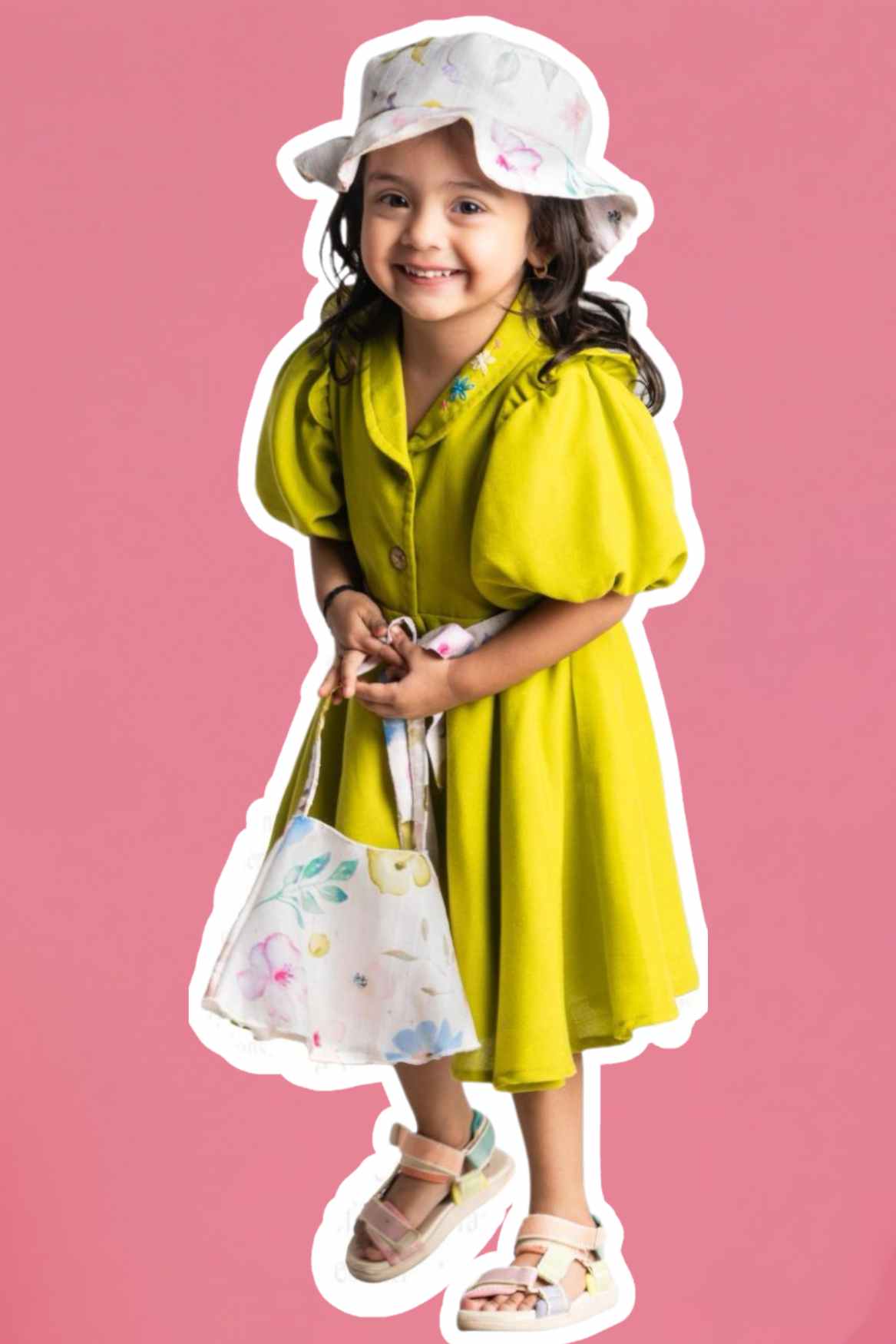 Mustard Green Casual Frock With Embroidered For Girls