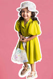 Mustard Green Casual Frock With Embroidered For Girls