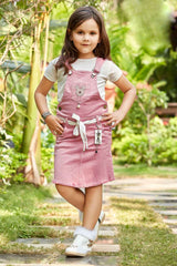 Pink Stylish Dungaree Set With White T-Shirt For Girls