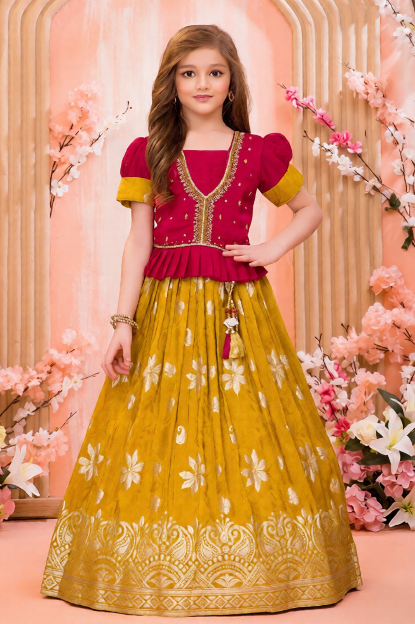 Rani Pink & Mustard Silk Pattu Pavadai Set with Zari Work For Girls