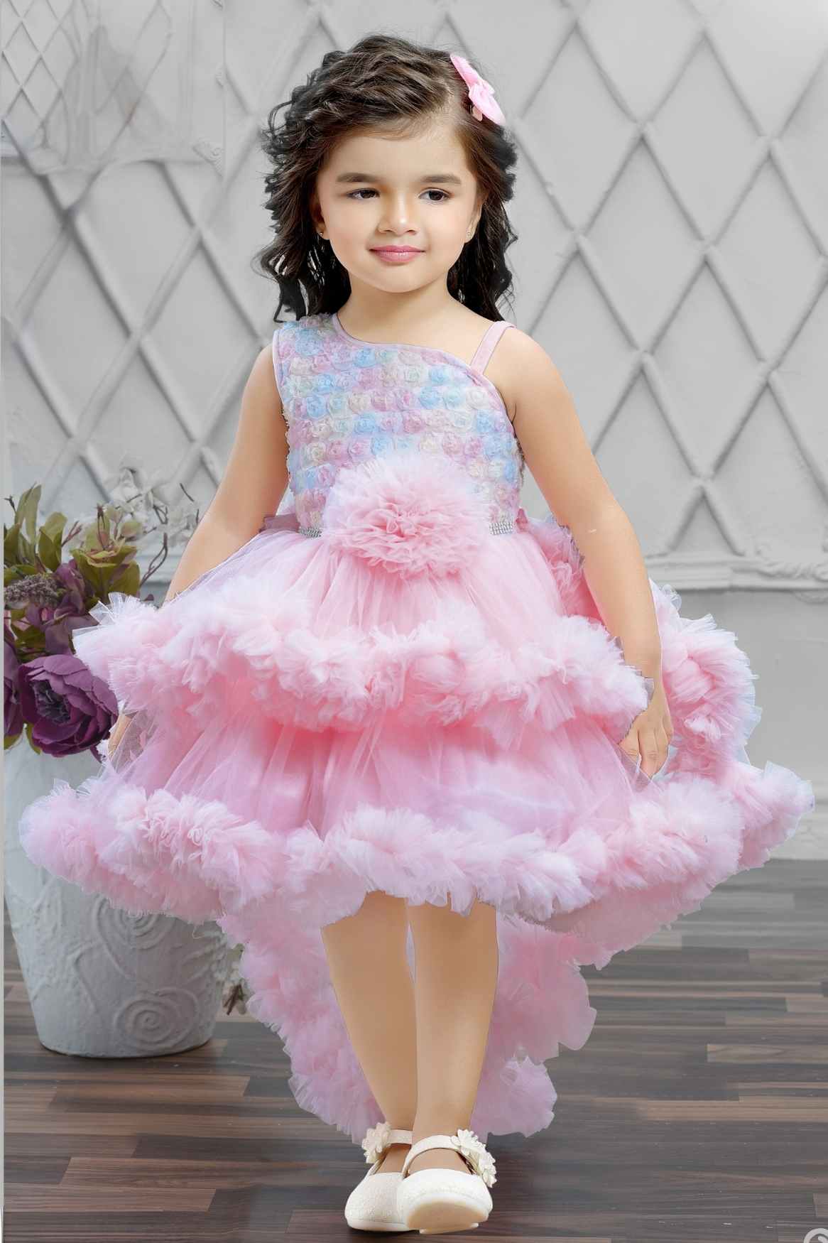 Pastel Pink Tailback Frock With Floral Embellishment For Girls
