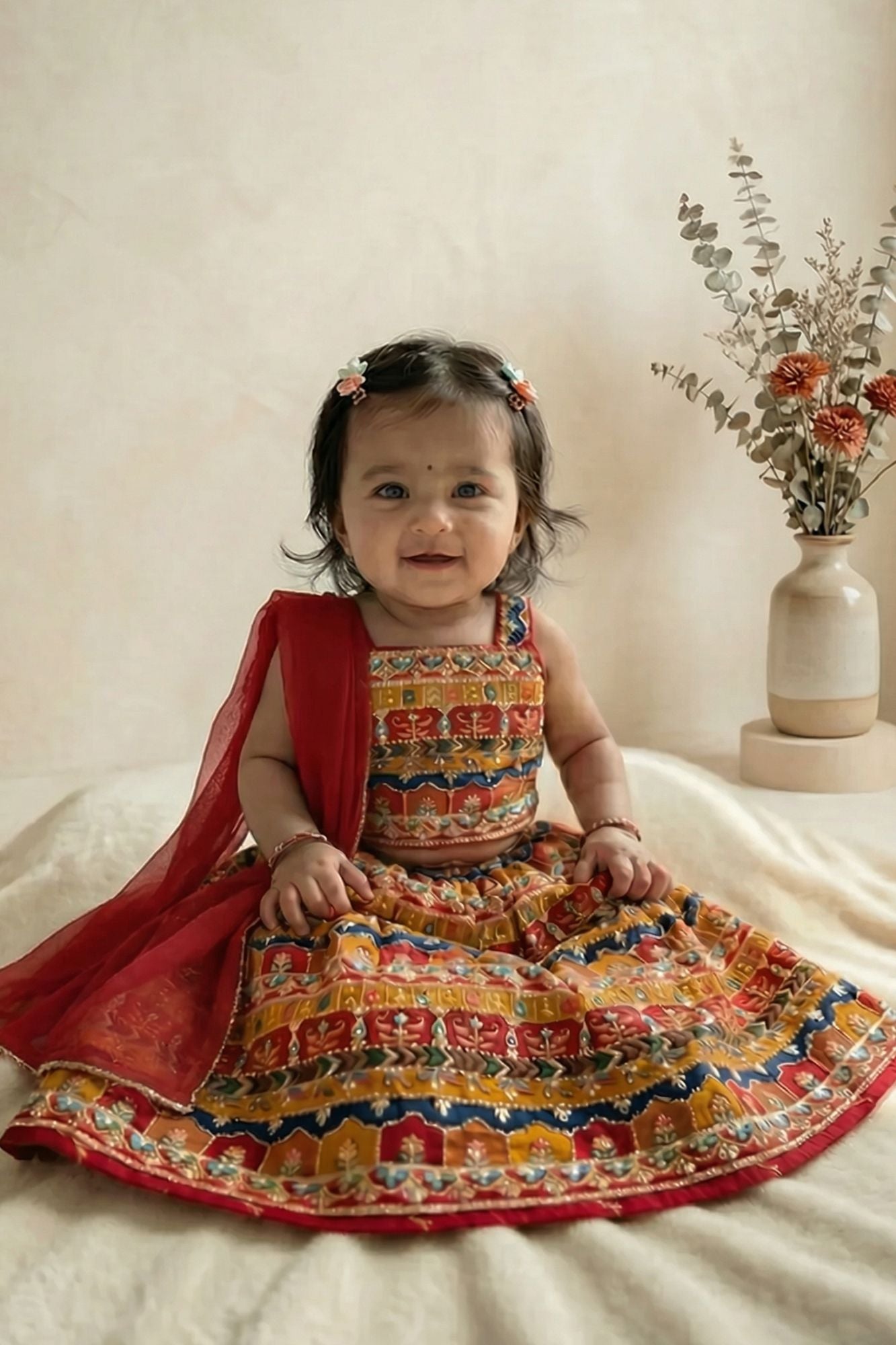 Yellow With Multicolor Printed Ethnic Lehenga Choli For Girls