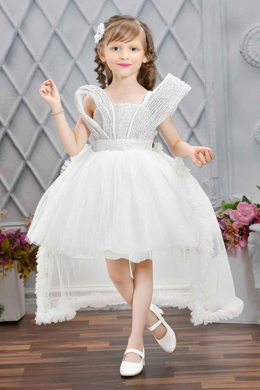 Designer White Sequin Partywear Net Tailback Frock For Girls