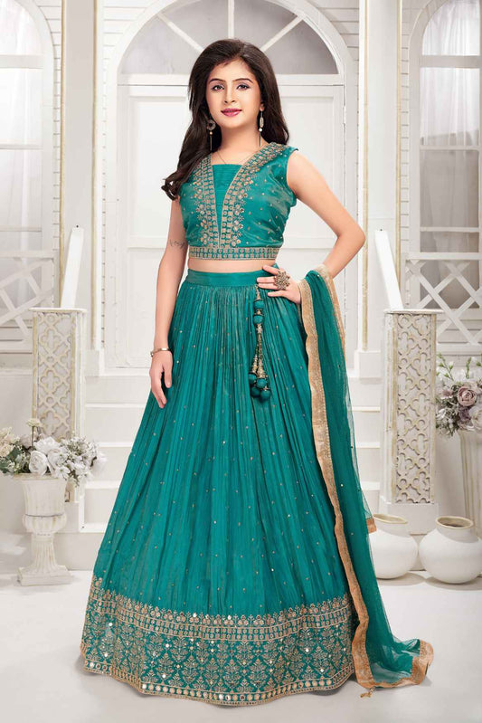 Rama Green Sequin and Embroidery Lehenga Choli Set For Girls