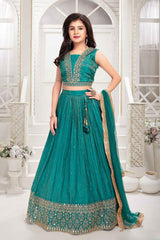 Rama Green Sequin and Embroidery Lehenga Choli Set For Girls