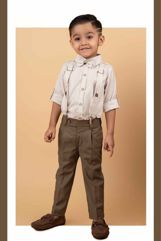 Little Collars Fawn Shirt And Brown Pant With Bow Set For Boys