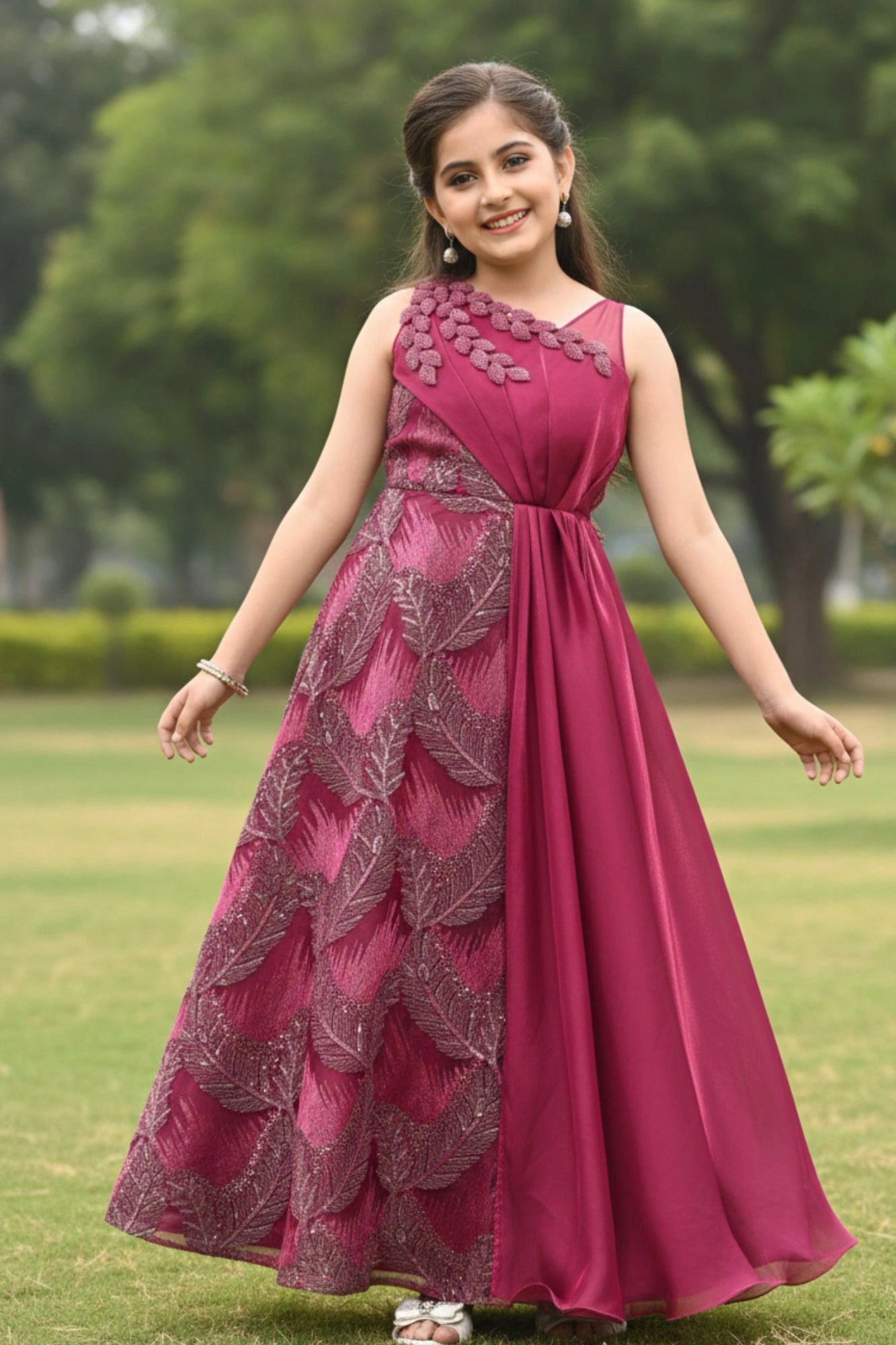 Designer Crimson Red Sequin Embellished Feather Party Gown For Girls