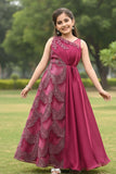 Designer Crimson Red Sequin Embellished Feather Party Gown For Girls