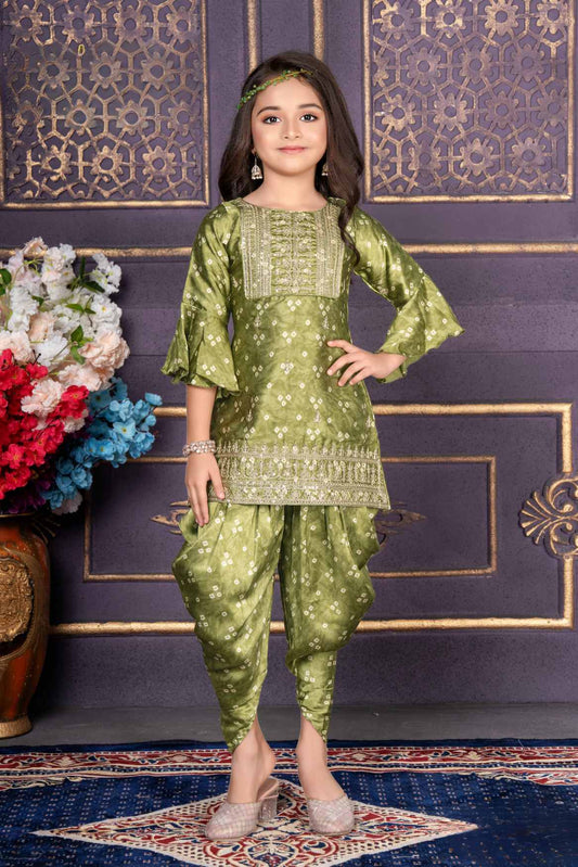 Green Bandhani Printed And Sequin Work Dhoti Set For Girls