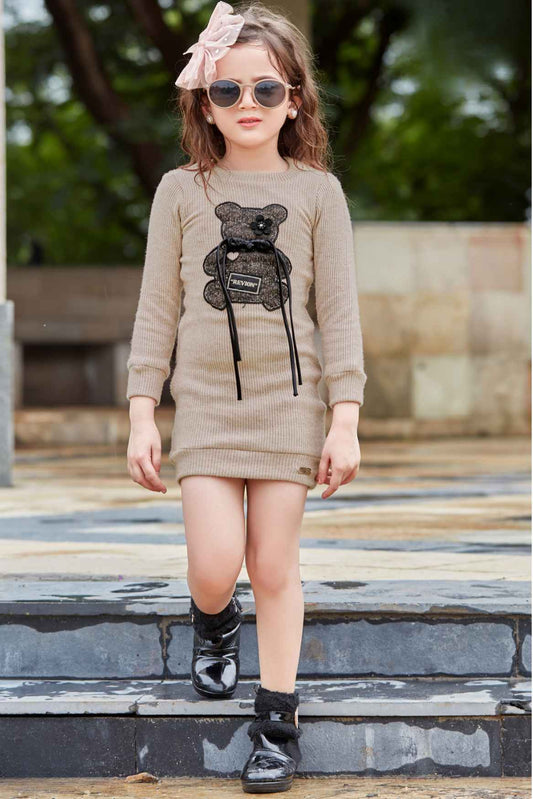 Fawn Woollen Dress With Patch Work For Girls