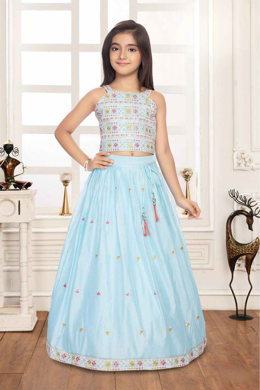 Sky Blue Embroidered And Mirror Work Lehenga Choli For Girls