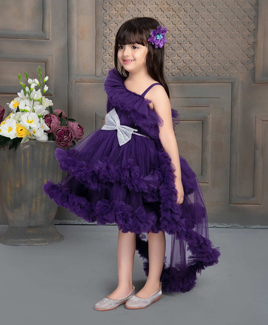 Violet Frock With Ruffled And Bow Embellishment For Girls