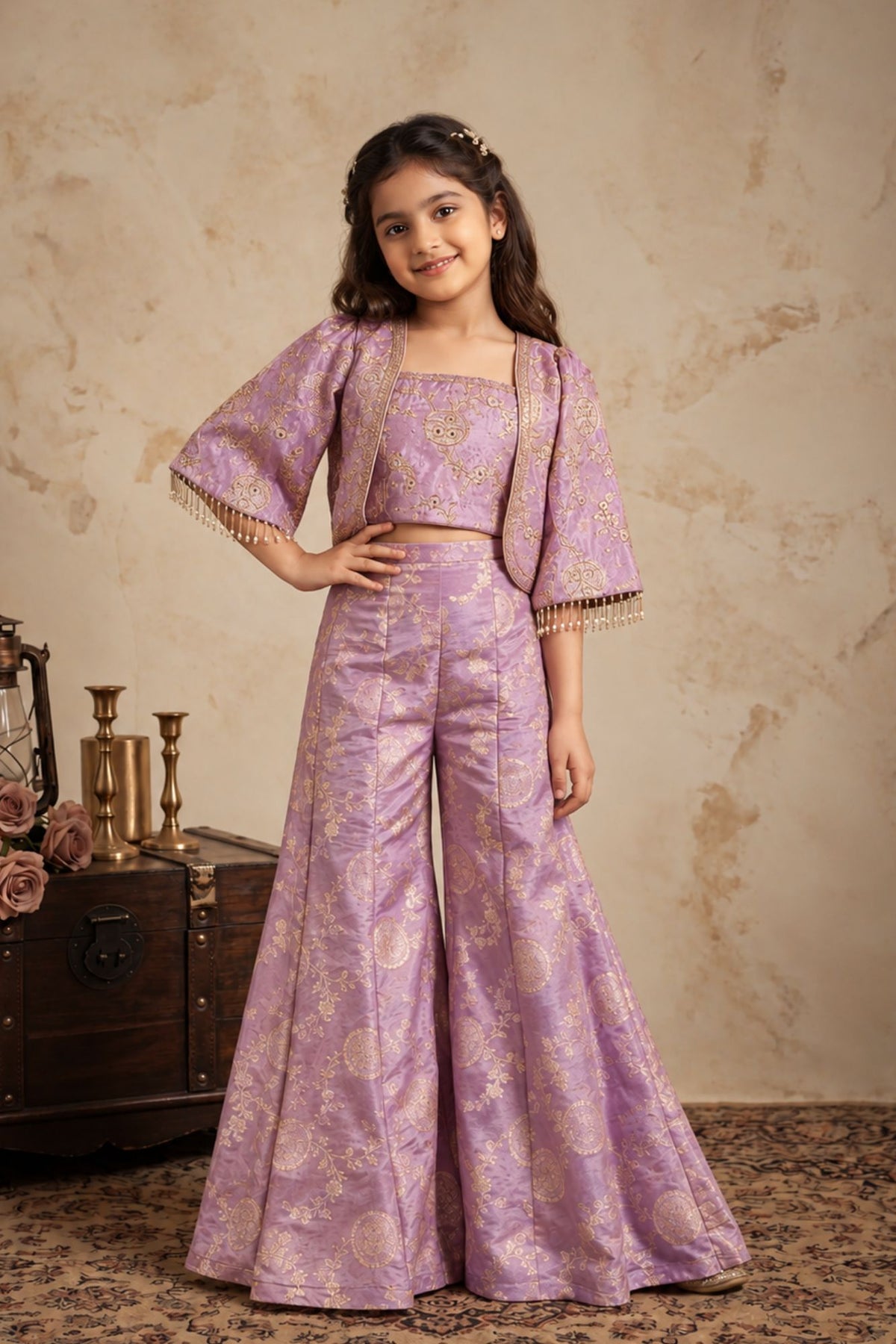 Lavender Palazzo Set with Crop Top And Jacket For Girls