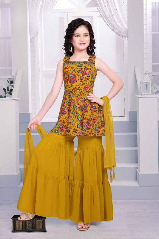 Mustard Printed And Embroidered Sharara Set For Girls