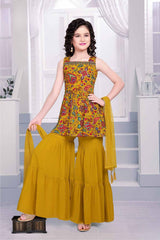 Mustard Printed And Embroidered Sharara Set For Girls