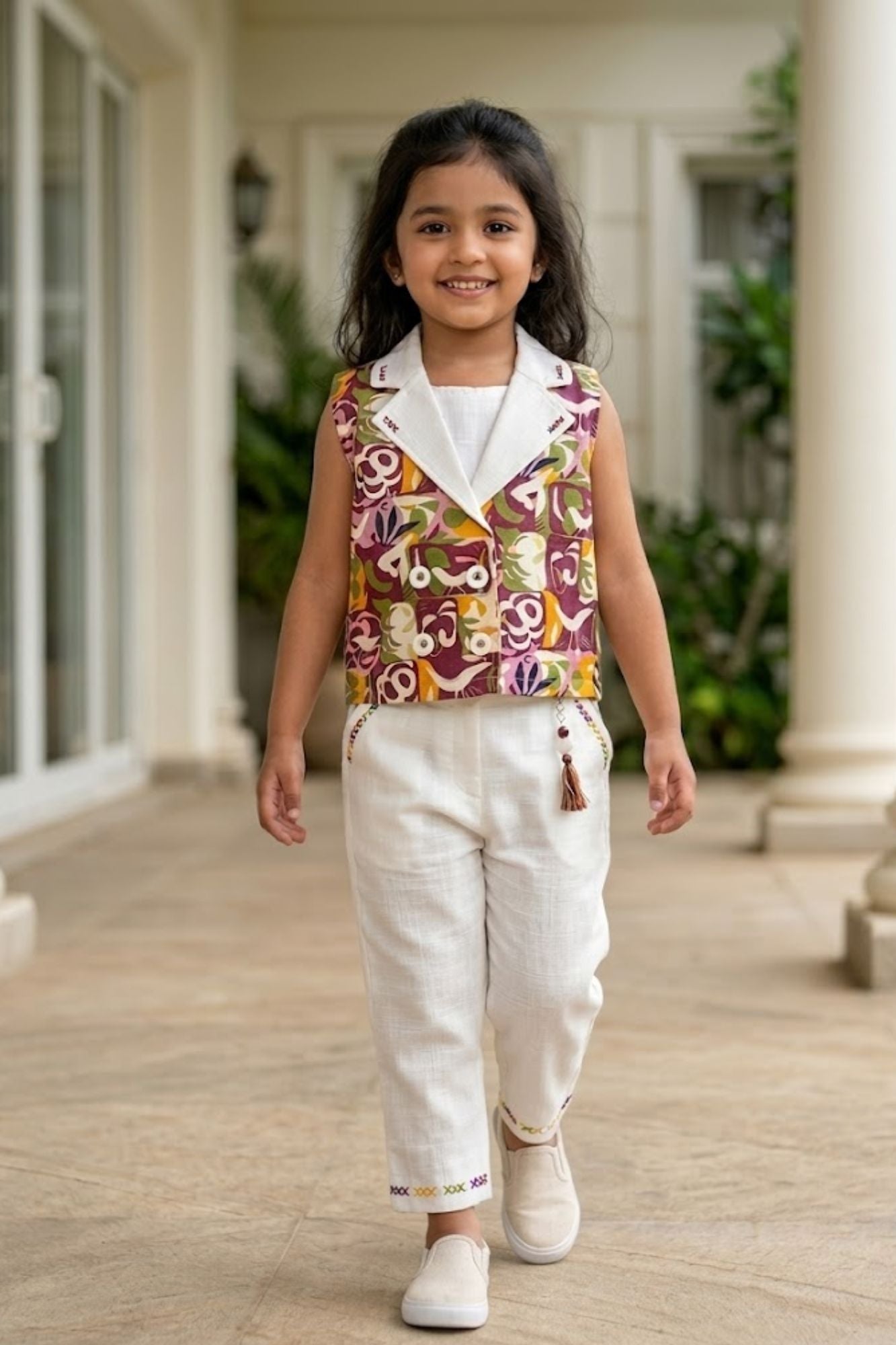 Girls Floral Print Waistcoat Co-Ord Set with Inner Top And Wide-Leg Culotte Pants