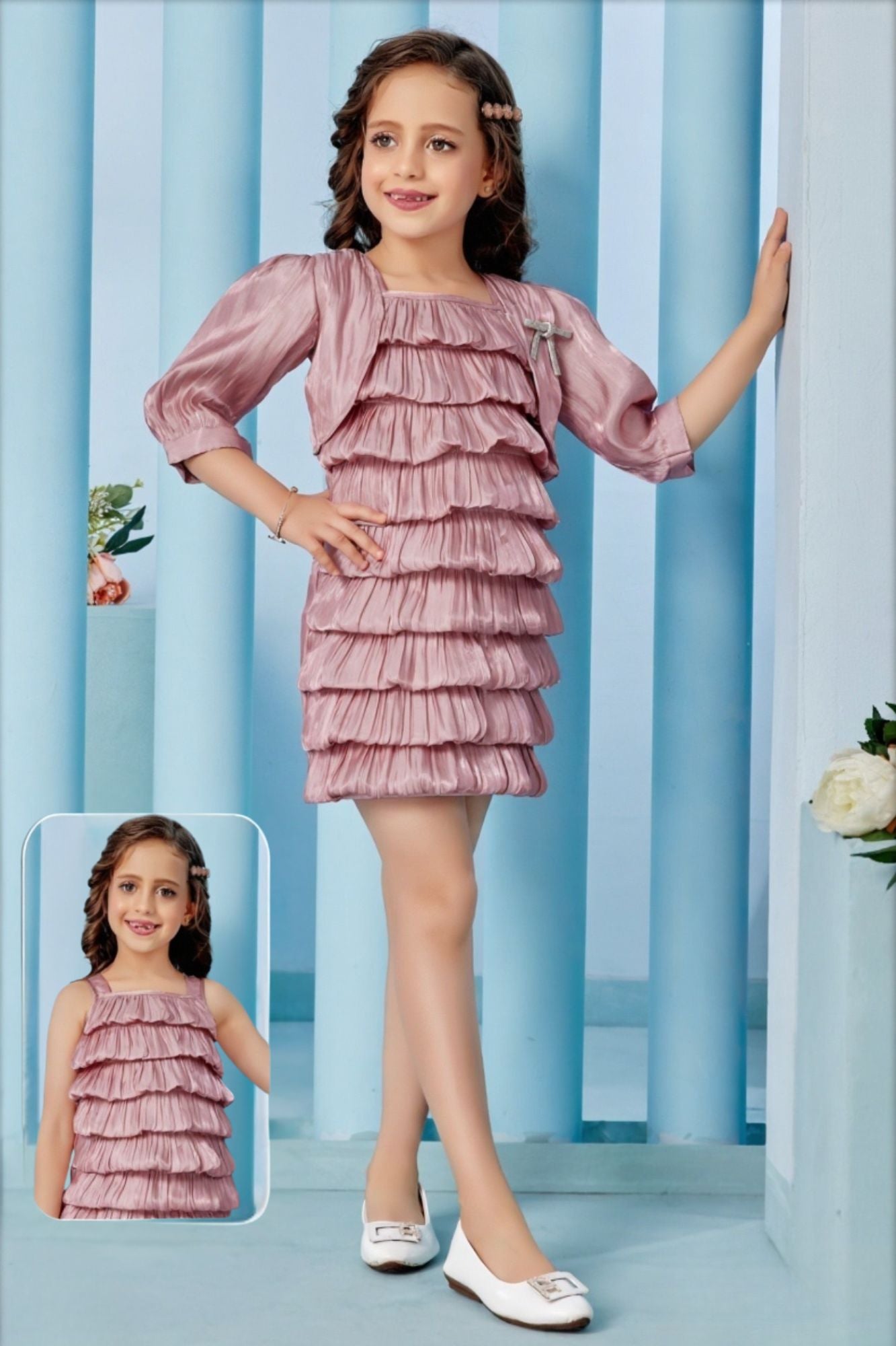 Dusty Pink Layered Party Frock with Matching Shrug For Girls