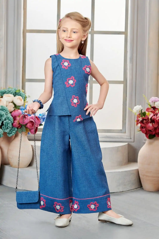 Blue Embroidered Palazzo Set with Matching Sling Bag For Girls