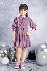 Stylish Mauve Crushed Dress With Waist Belt For Girls - Lagorii Kids