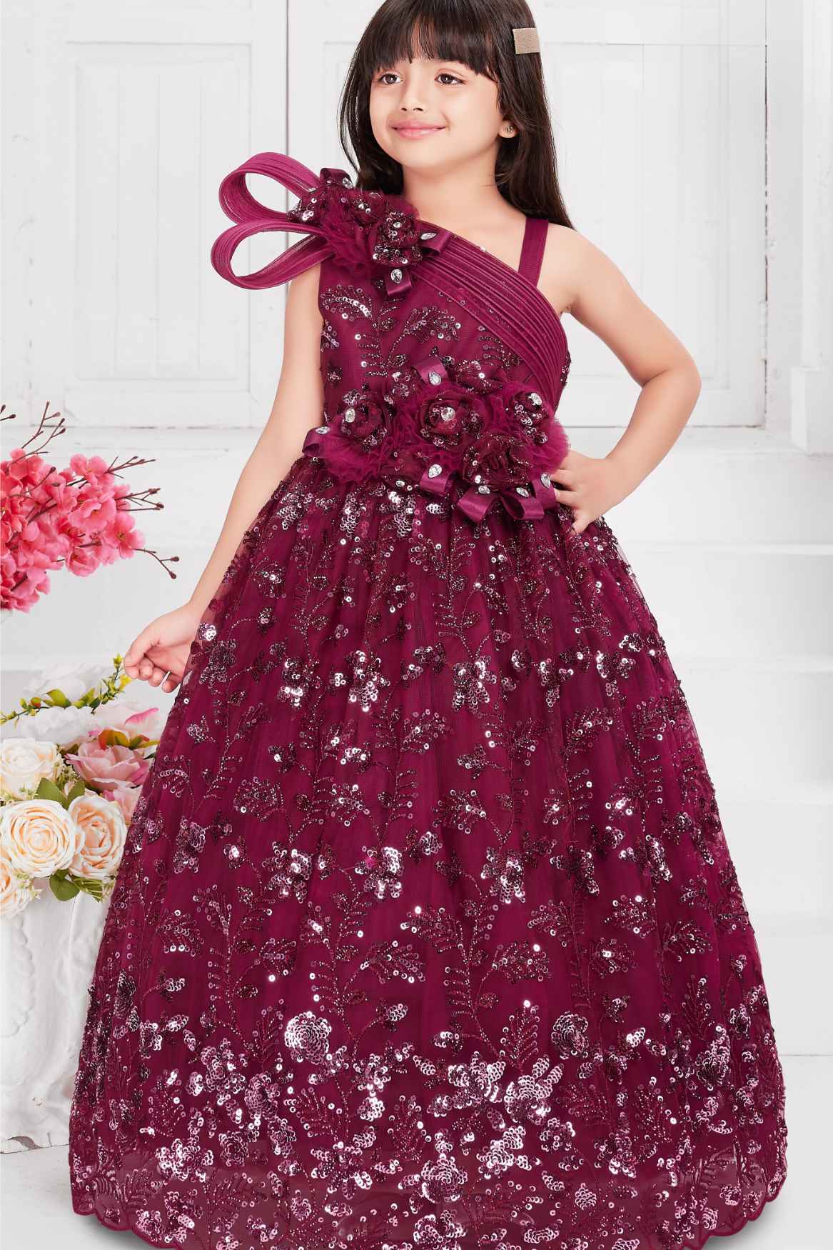 Elegant Wine Sequin Embroidered Gown With 3D Floral Appliqué For Girls